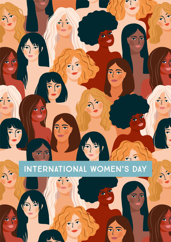 Das ganze Bild besteht aus lauter gemalten Frauenköpfen.. Jeder Kopf hat eine andere Frisur, Haar- , Augen- und Hautfarbe. Darüber der Schriftzug "International Women's Day"