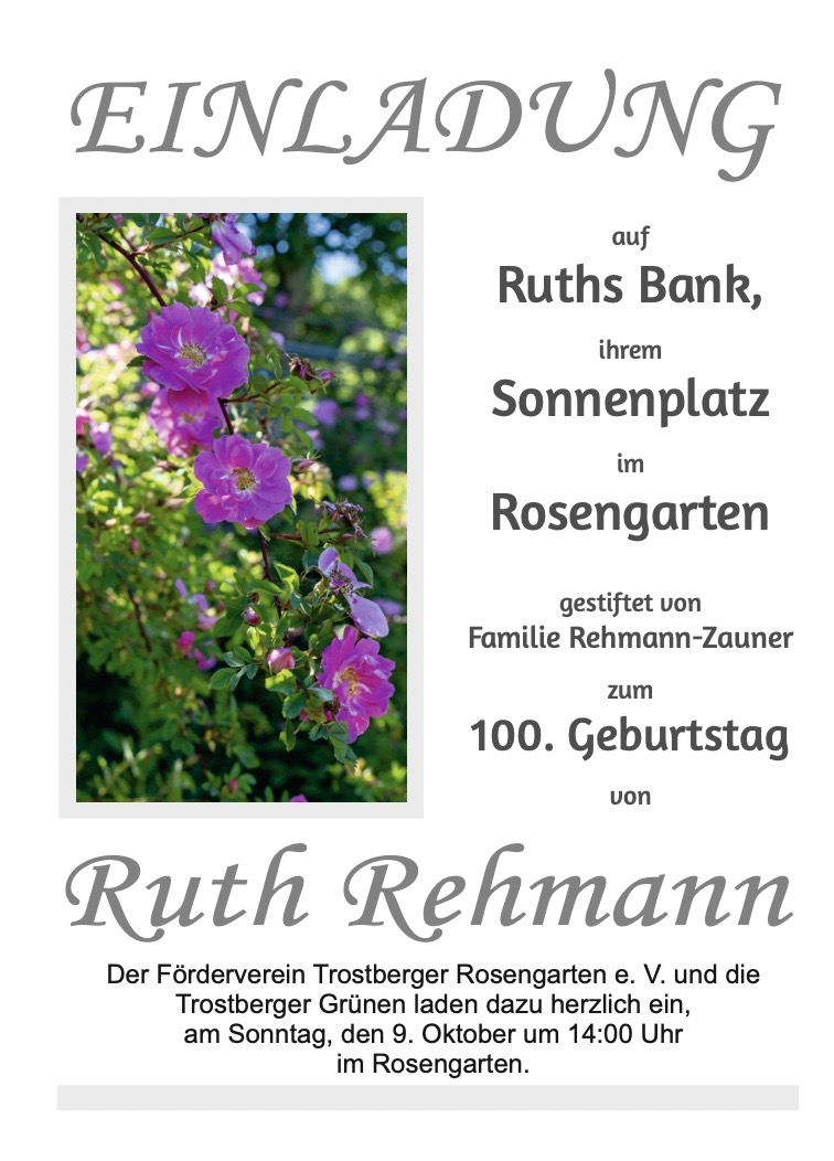 Einweihung von Ruth Rehmanns Bank im Rosengarten