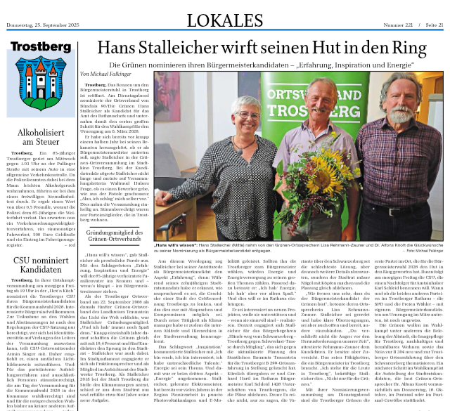 Hans Stalleicher zum Bürgermeisterkandidat der Trostberger Grünen nominiert