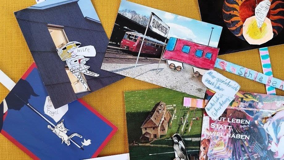 Das Foto zeigt eine Reihe liebevoll gestalteter Recycling‑Karten mit Trick, die beim Upcycling‑Basteln entstanden und die Vielfalt der kleinen beweglichen Papierminiaturen eindrucksvoll sichtbar machen.